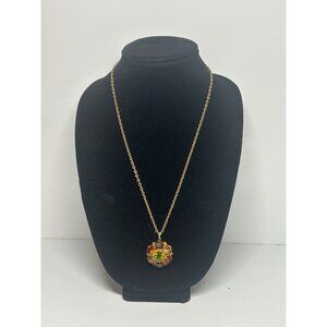 Multicolor Glass Stones Green Amber Golden Tone Medallion Necklace MCM Jewelry